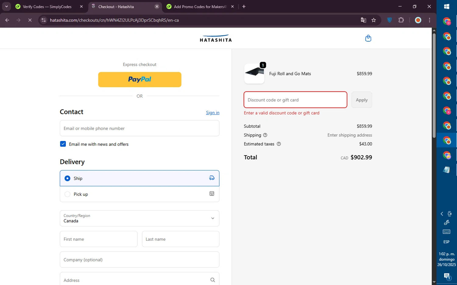 Hatashita discount code screenshot showing code Fuji50 applied at Hatashita checkout page. Uploaded by SimplyCodes community member PromoVoyager8446 on Oct 26, 2025