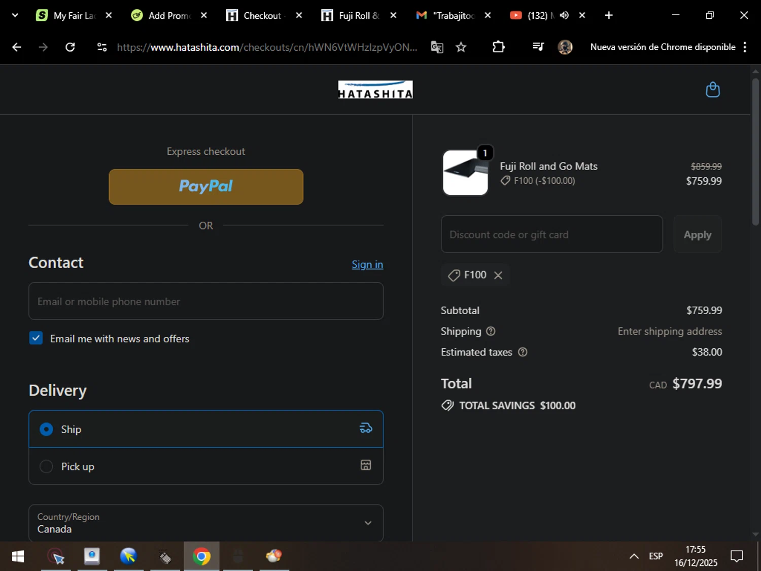 Hatashita discount code screenshot showing code F100 applied at Hatashita checkout page. Uploaded by SimplyCodes community member MarcosAranguren on Dec 16, 2025