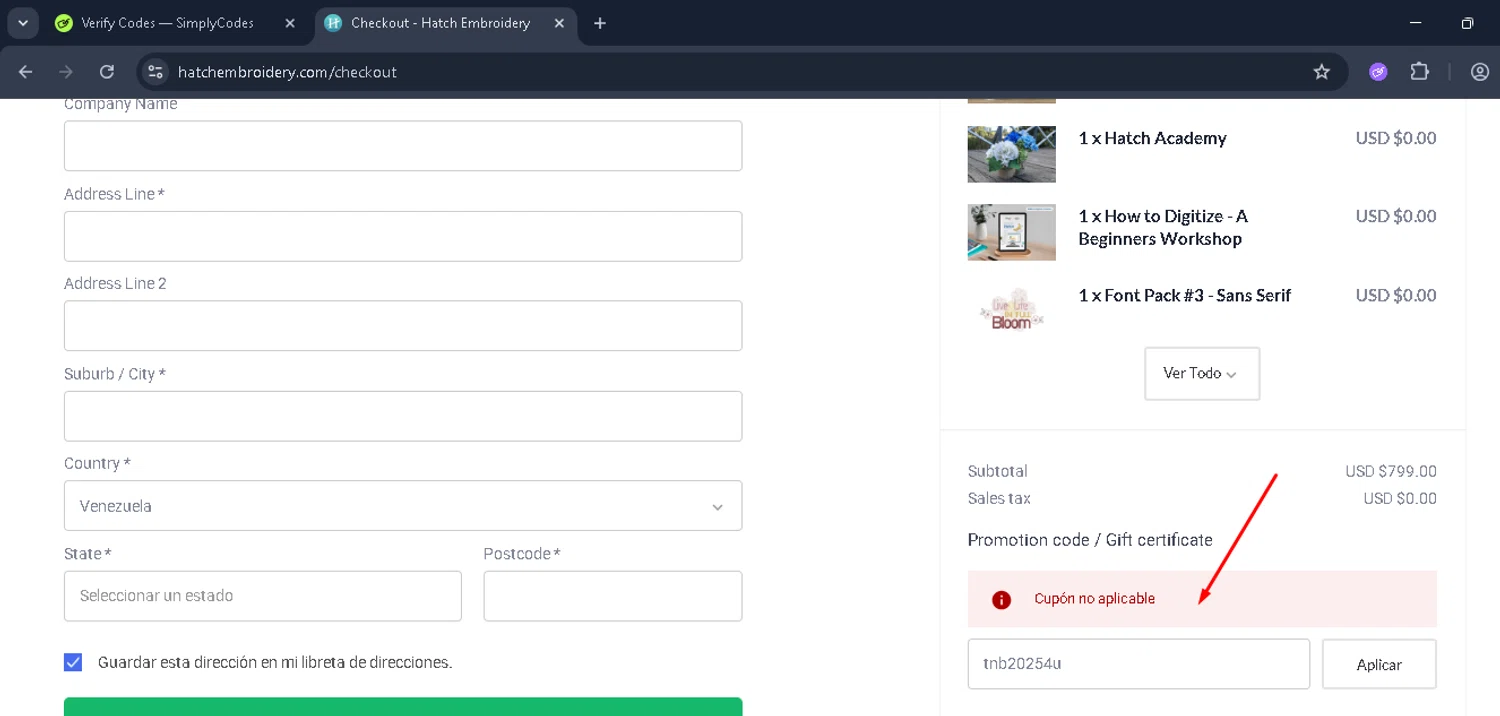 Hatch Embroidery coupon code screenshot showing code tnb20254u applied at Hatch Embroidery checkout page. Uploaded by SimplyCodes community member Mykeanderon on Nov 6, 2025