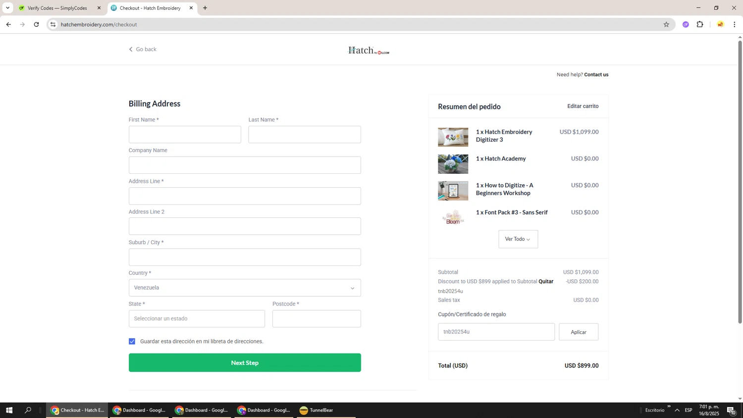 Hatch Embroidery checkout page showing Hatch Embroidery coupon code box | Screenshot taken by SimplyCodes community member on Aug 16, 2025