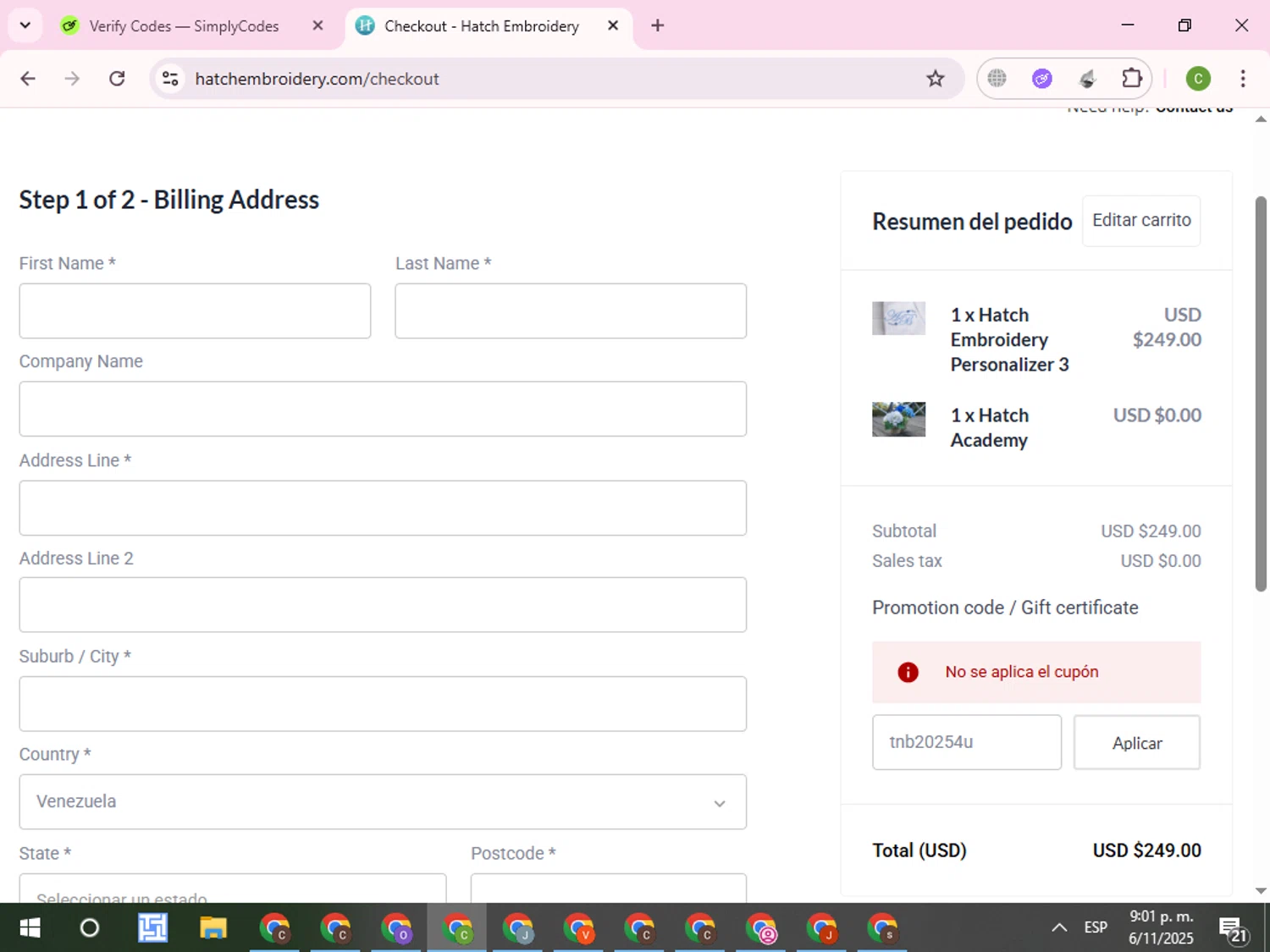 Hatch Embroidery coupon code screenshot showing code tnb20254u applied at Hatch Embroidery checkout page. Uploaded by SimplyCodes community member RoyalKnight4673 on Nov 7, 2025