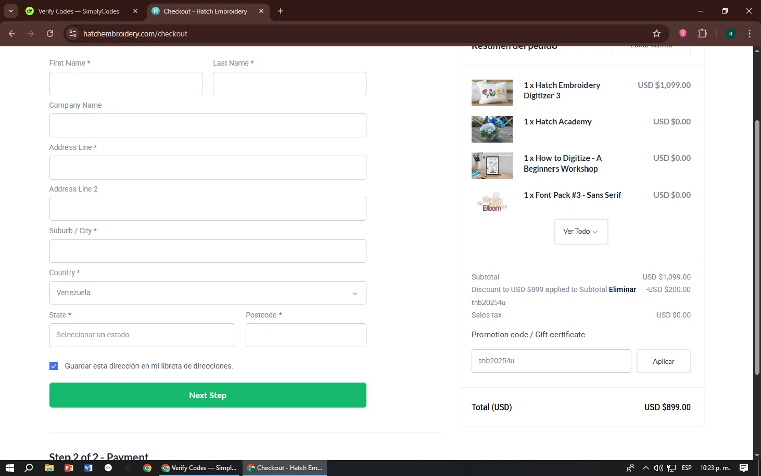 Hatch Embroidery checkout page showing Hatch Embroidery coupon code box | Screenshot taken by SimplyCodes community member on Sep 15, 2025