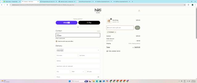 Hati Home checkout page showing Hati Home discount code box | Screenshot taken by SimplyCodes community member on Mar 23, 2025