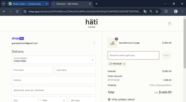 Hati Home checkout page showing Hati Home discount code box | Screenshot taken by SimplyCodes community member on Mar 23, 2025