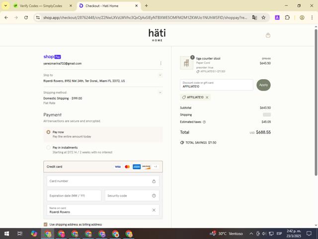 Hati Home checkout page showing Hati Home discount code box | Screenshot taken by SimplyCodes community member on Mar 23, 2025