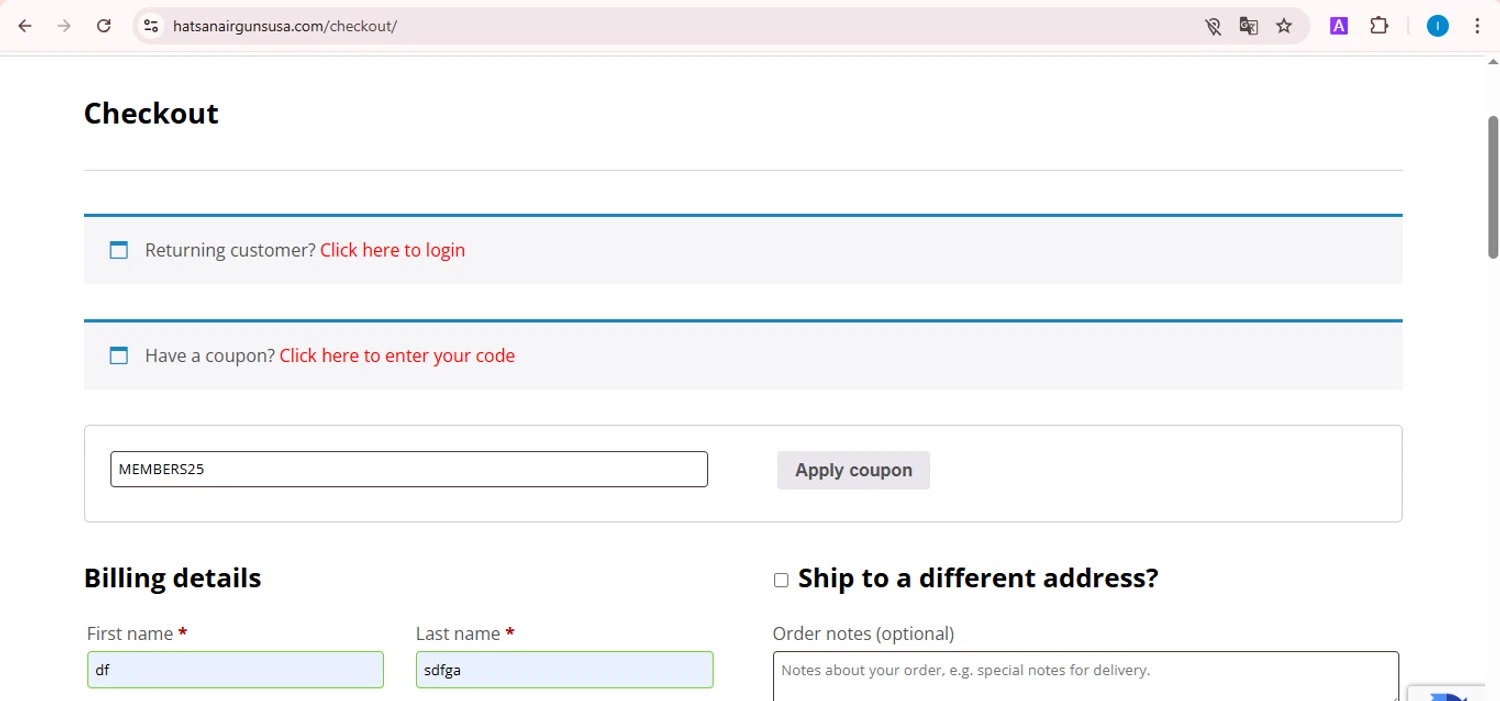 HatsanUSA checkout page showing HatsanUSA coupon code box | Screenshot taken by SimplyCodes community member on Dec 28, 2025