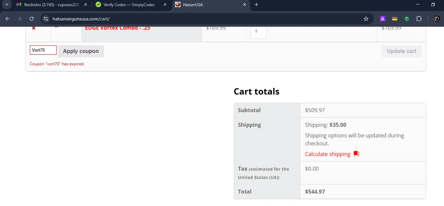 HatsanUSA coupon code screenshot showing code Vort70 applied at HatsanUSA checkout page. Uploaded by SimplyCodes community member Eduard on Aug 8, 2025