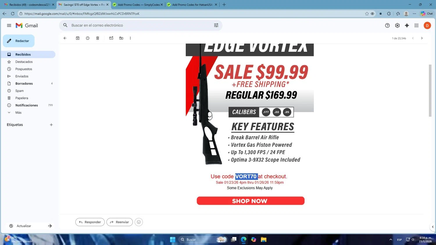 HatsanUSA coupon code screenshot showing code VORT70 applied at HatsanUSA checkout page. Uploaded by SimplyCodes community member Mdeoca on Jan 23, 2026