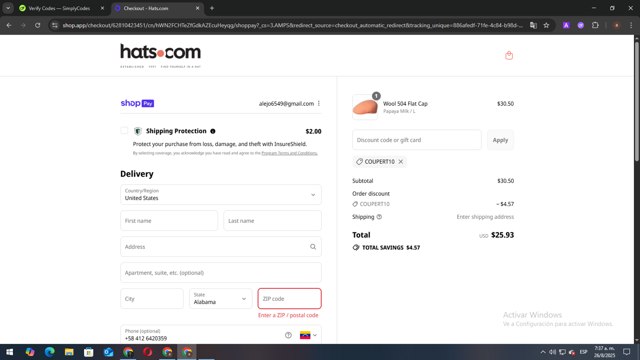 Hats.com checkout page showing Hats.com promo code box | Screenshot taken by SimplyCodes community member on Aug 26, 2025