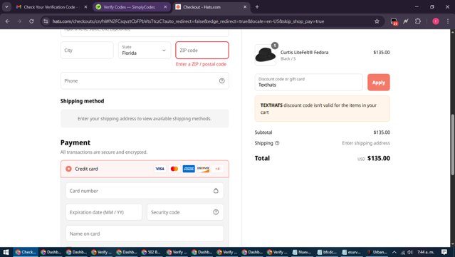 Hats.com checkout page showing Hats.com promo code box | Screenshot taken by SimplyCodes community member on Aug 26, 2025