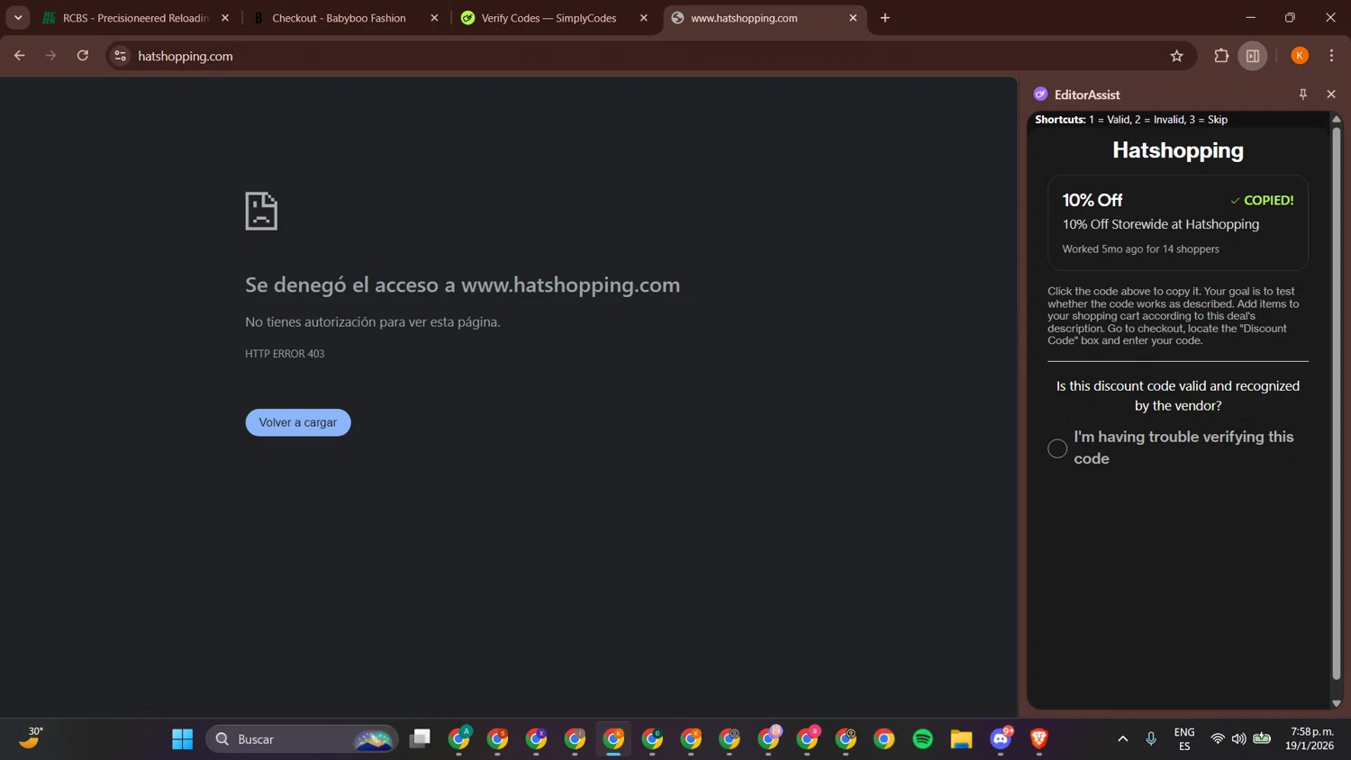 Hatshopping promo code screenshot showing code 10PROKULAGS7 applied at Hatshopping checkout page. Uploaded by SimplyCodes community member BonusCurator3058 on Jan 19, 2026