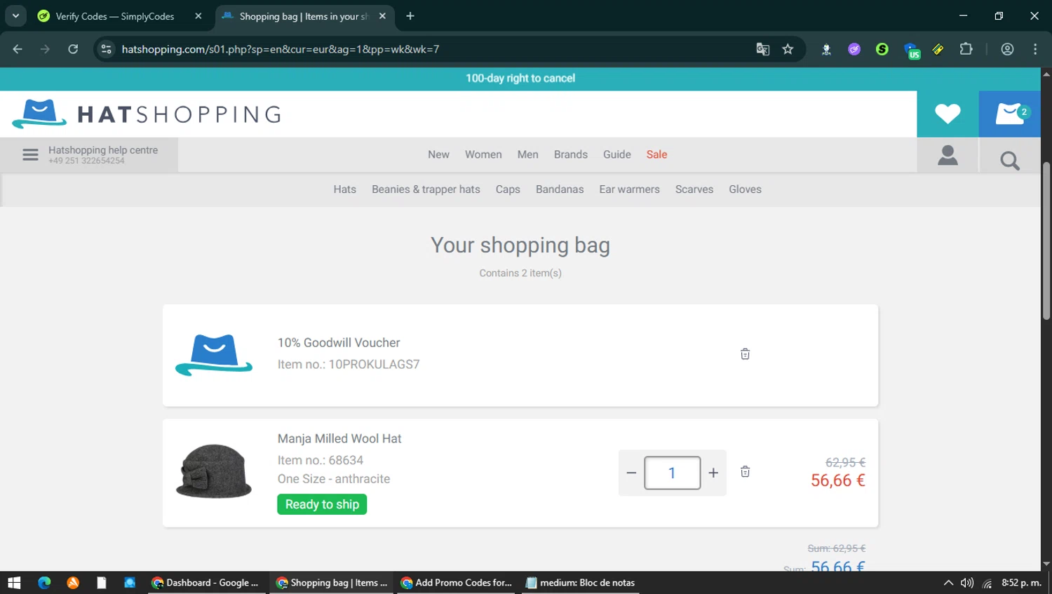 Hatshopping checkout page showing Hatshopping promo code box | Screenshot taken by SimplyCodes community member on Jan 20, 2026