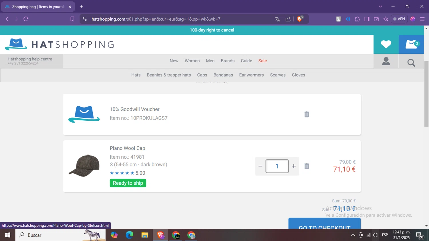 Hatshopping promo code screenshot showing code 10PROKULAGS7 applied at Hatshopping checkout page. Uploaded by SimplyCodes community member BargainWizard5755 on Jan 31, 2025