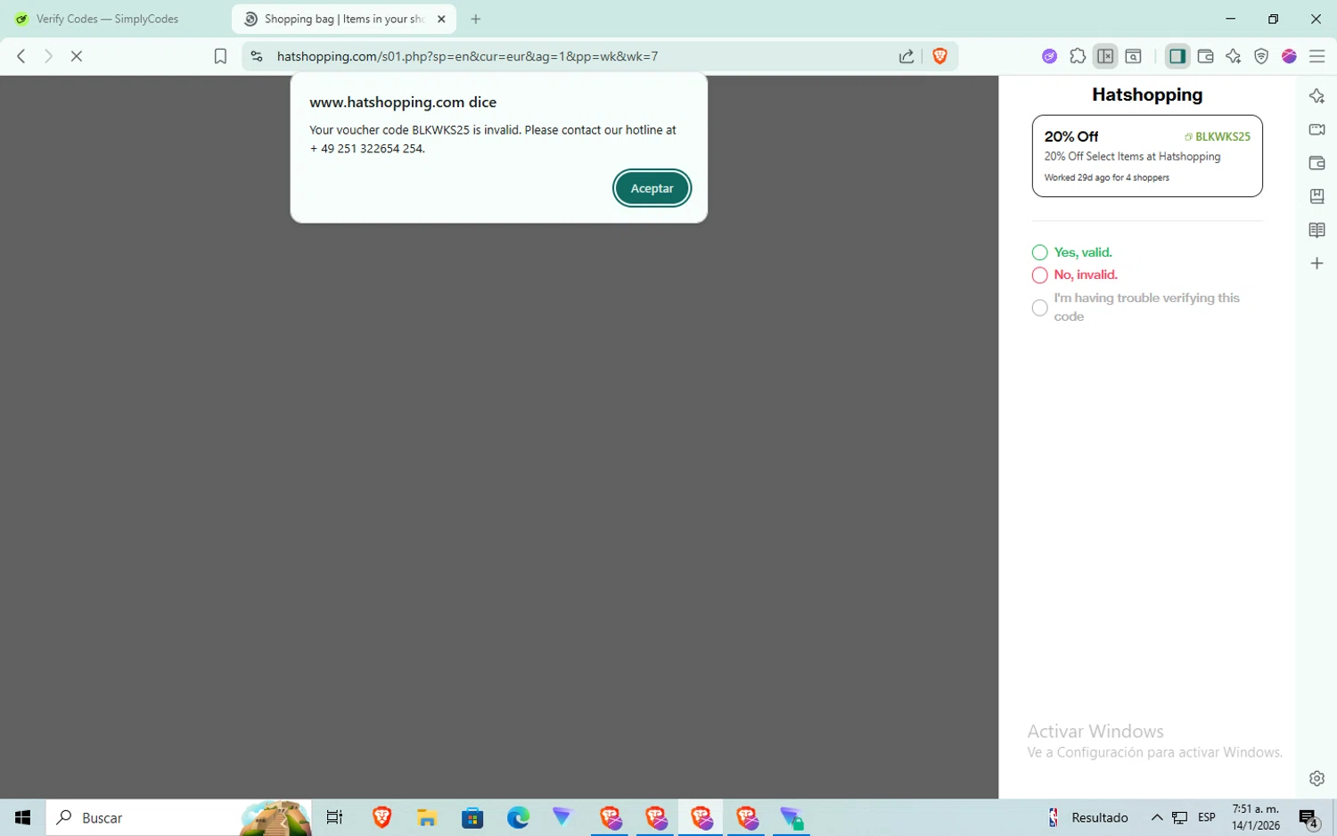Hatshopping promo code screenshot showing code BLKWKS25 applied at Hatshopping checkout page. Uploaded by SimplyCodes community member aaaaaaaaaaaaaaa on Jan 14, 2026