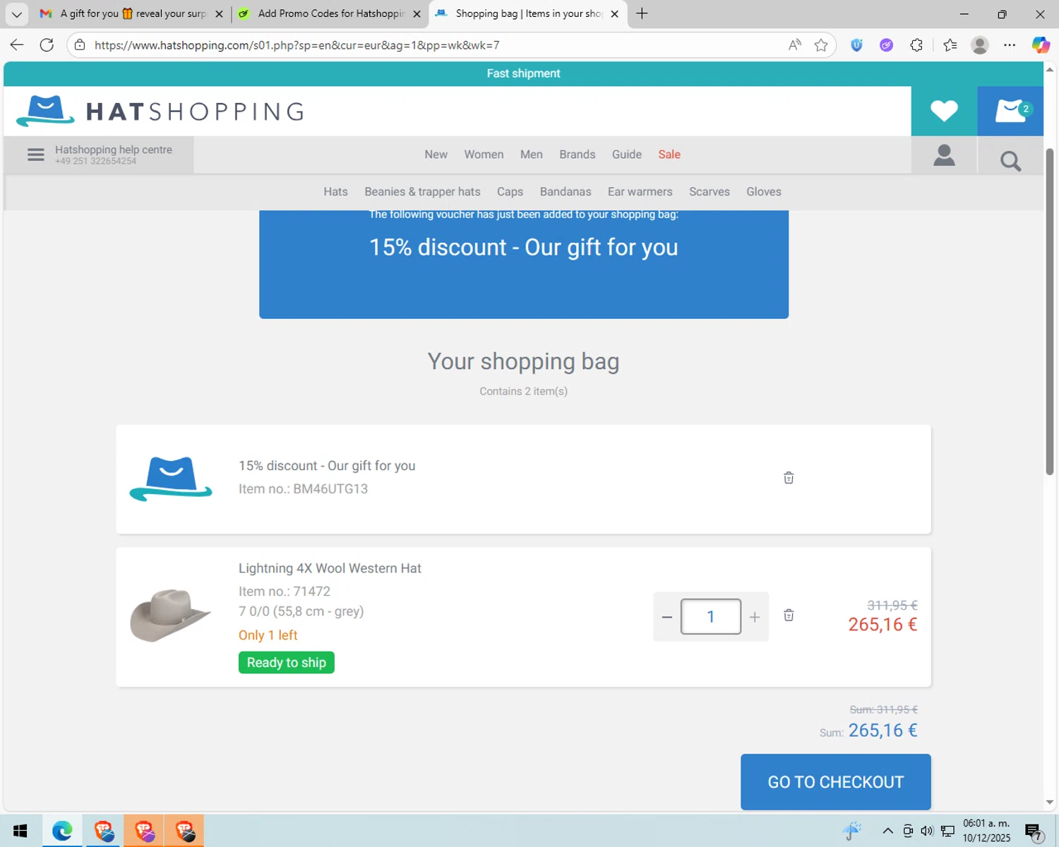 Hatshopping promo code screenshot showing code BM46UTG13 applied at Hatshopping checkout page. Uploaded by SimplyCodes community member peachee on Dec 10, 2025