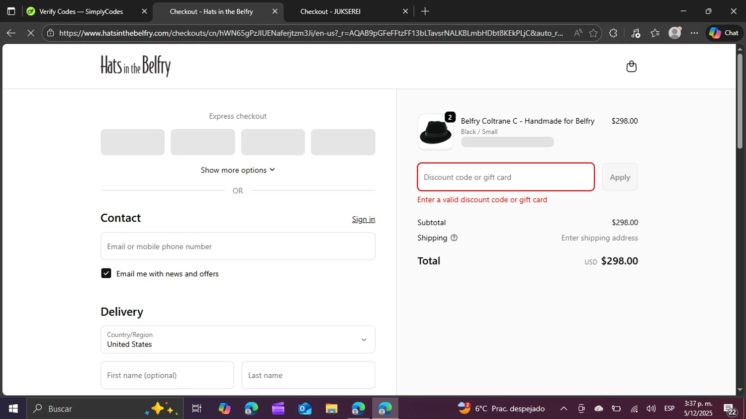 Hats in the Belfry discount code screenshot showing code BELFRY20 applied at Hats in the Belfry checkout page. Uploaded by SimplyCodes community member swiftie on Dec 5, 2025