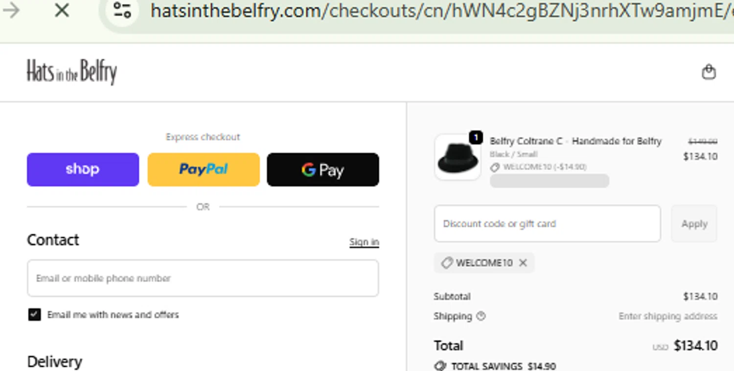 Hats in the Belfry discount code screenshot showing code WELCOME10 applied at Hats in the Belfry checkout page. Uploaded by SimplyCodes community member CashMaestro9337 on Oct 27, 2025