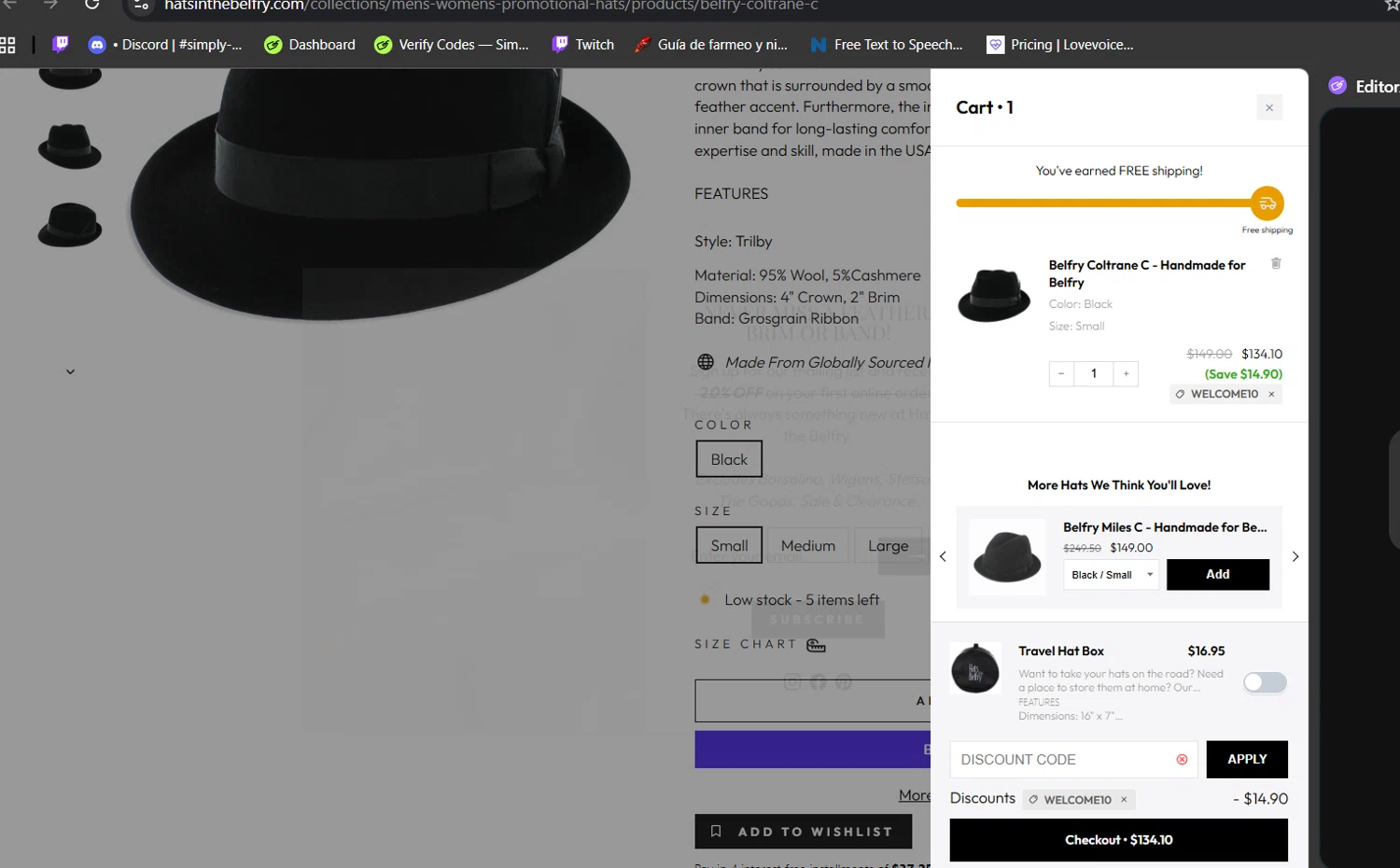 Hats in the Belfry discount code screenshot showing code WELCOME10 applied at Hats in the Belfry checkout page. Uploaded by SimplyCodes community member DealHero3744 on Nov 3, 2025