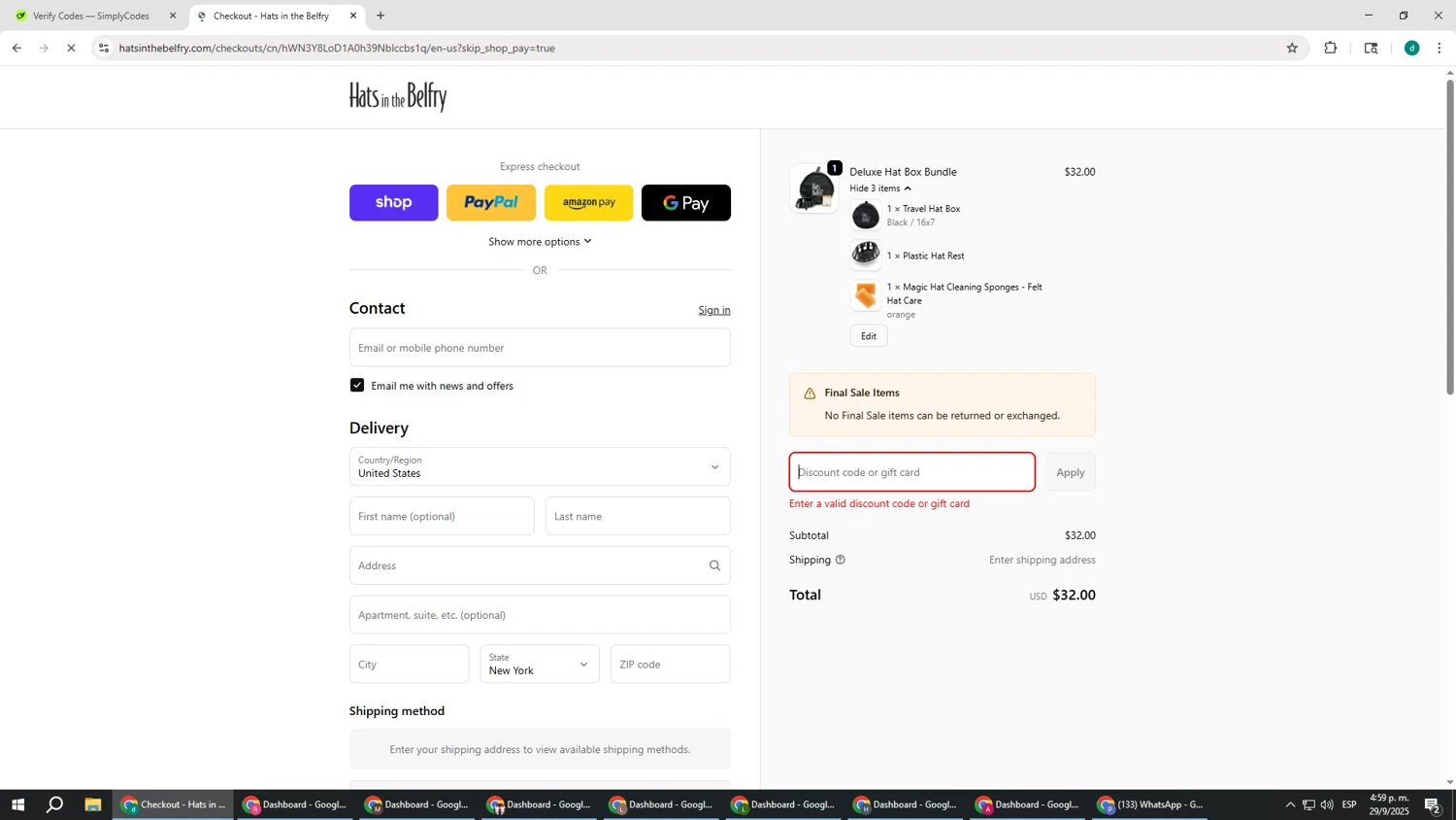 Hats in the Belfry discount code screenshot showing code SHIP applied at Hats in the Belfry checkout page. Uploaded by SimplyCodes community member HEROESCUDA on Sep 29, 2025