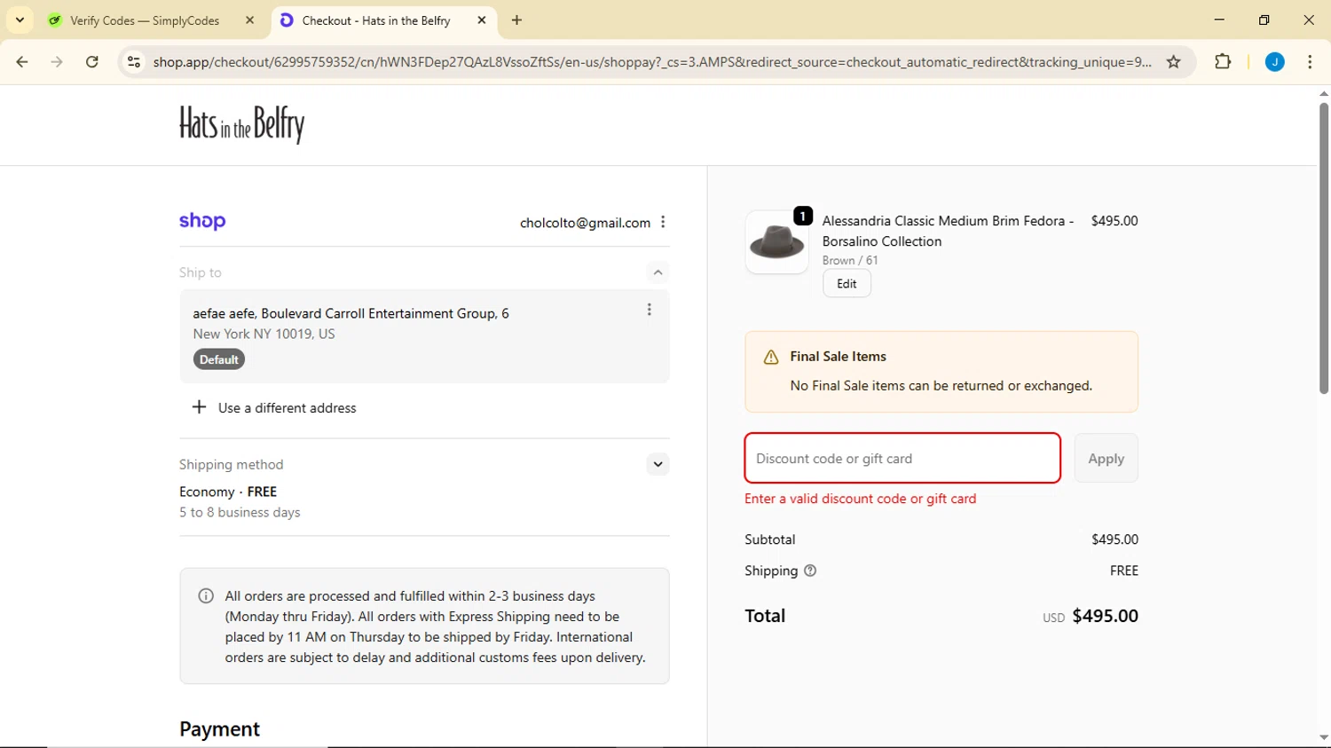 Hats in the Belfry discount code screenshot showing code Summer25 applied at Hats in the Belfry checkout page. Uploaded by SimplyCodes community member Luisitoxd12 on Sep 21, 2025