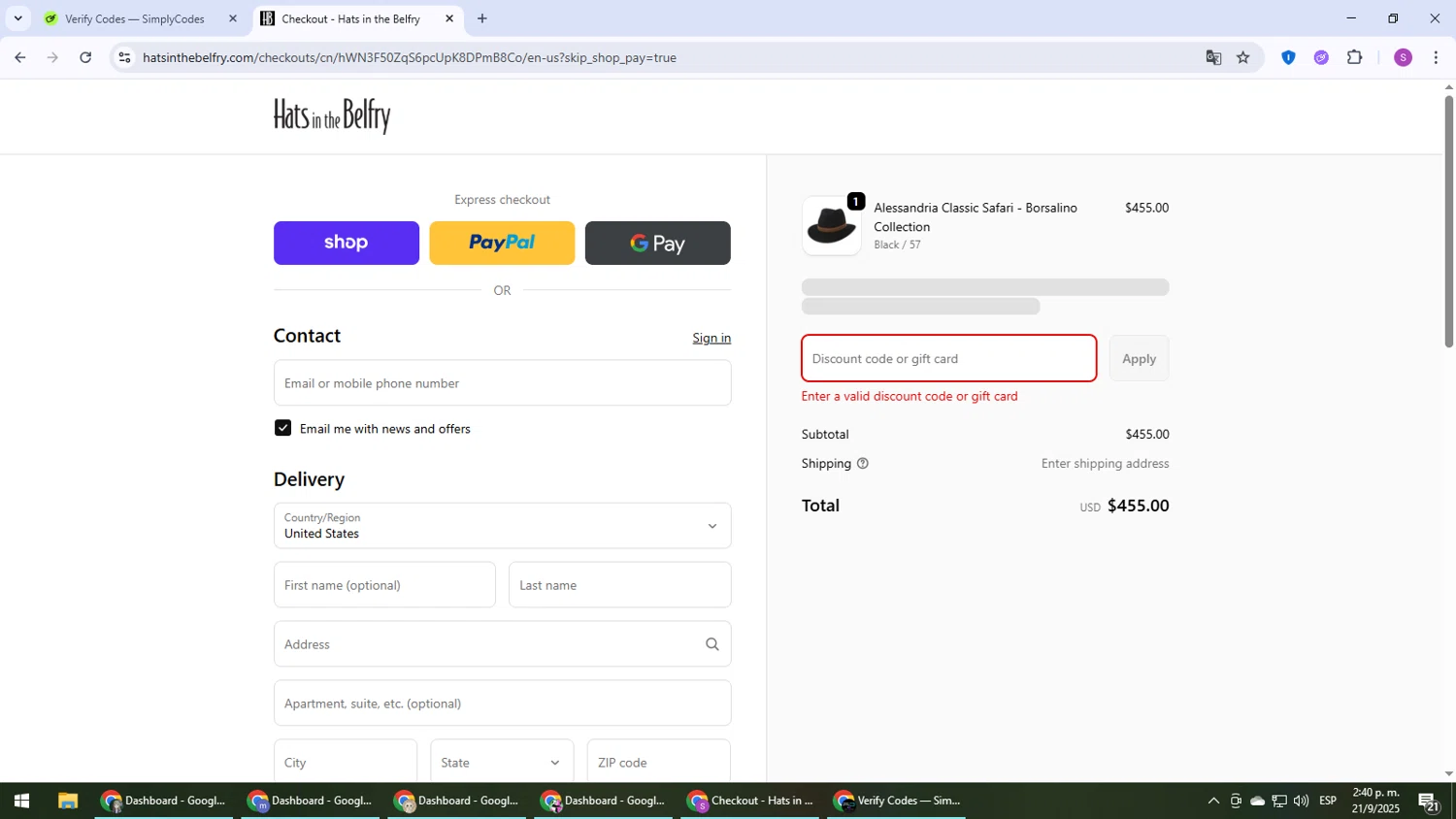 Hats in the Belfry discount code screenshot showing code Summer25 applied at Hats in the Belfry checkout page. Uploaded by SimplyCodes community member Son_Goku on Sep 21, 2025