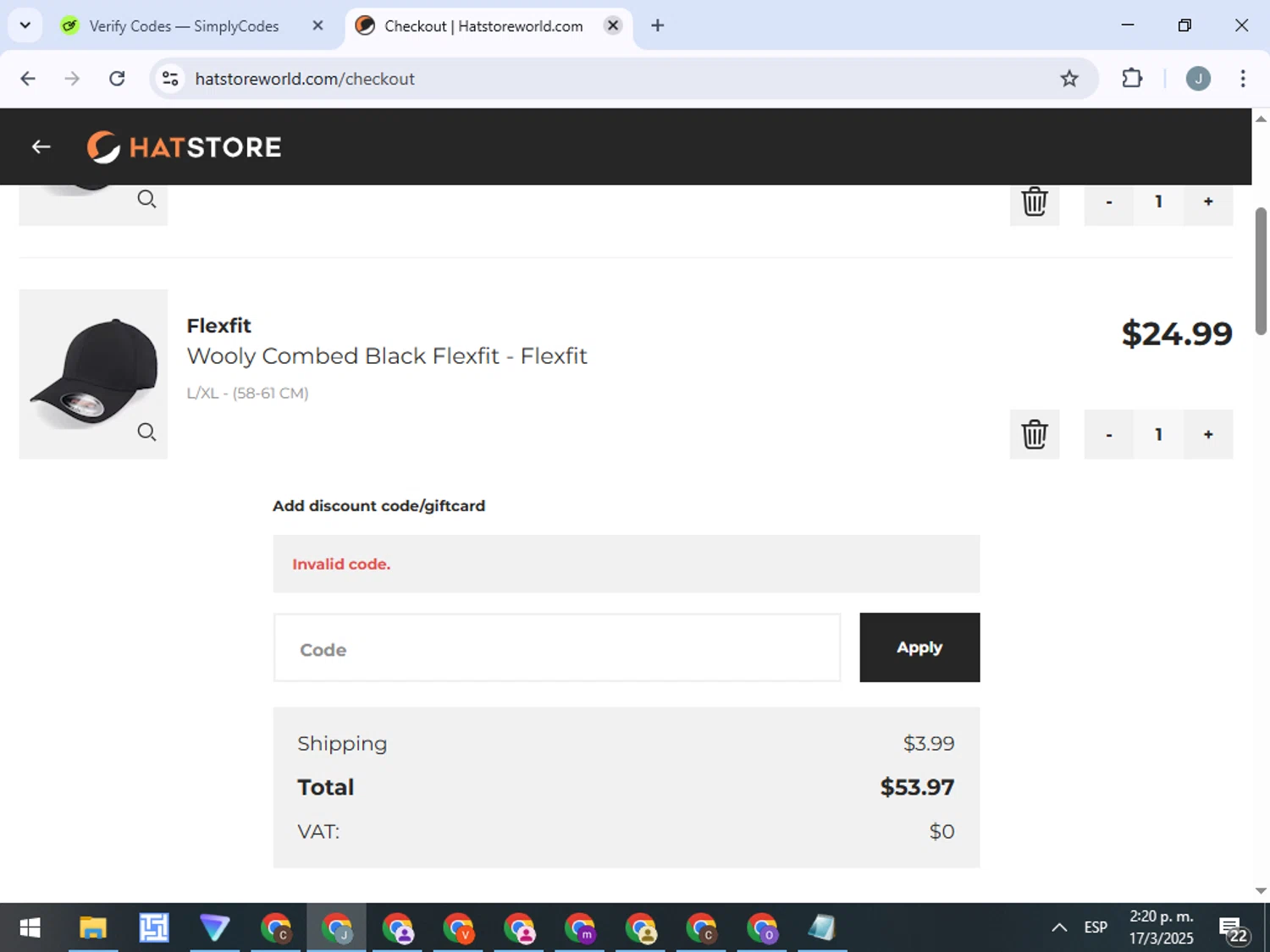 Hat Store World promo code screenshot showing code 10CM applied at Hat Store World checkout page. Uploaded by SimplyCodes community member ValueTracker8384 on Mar 17, 2025