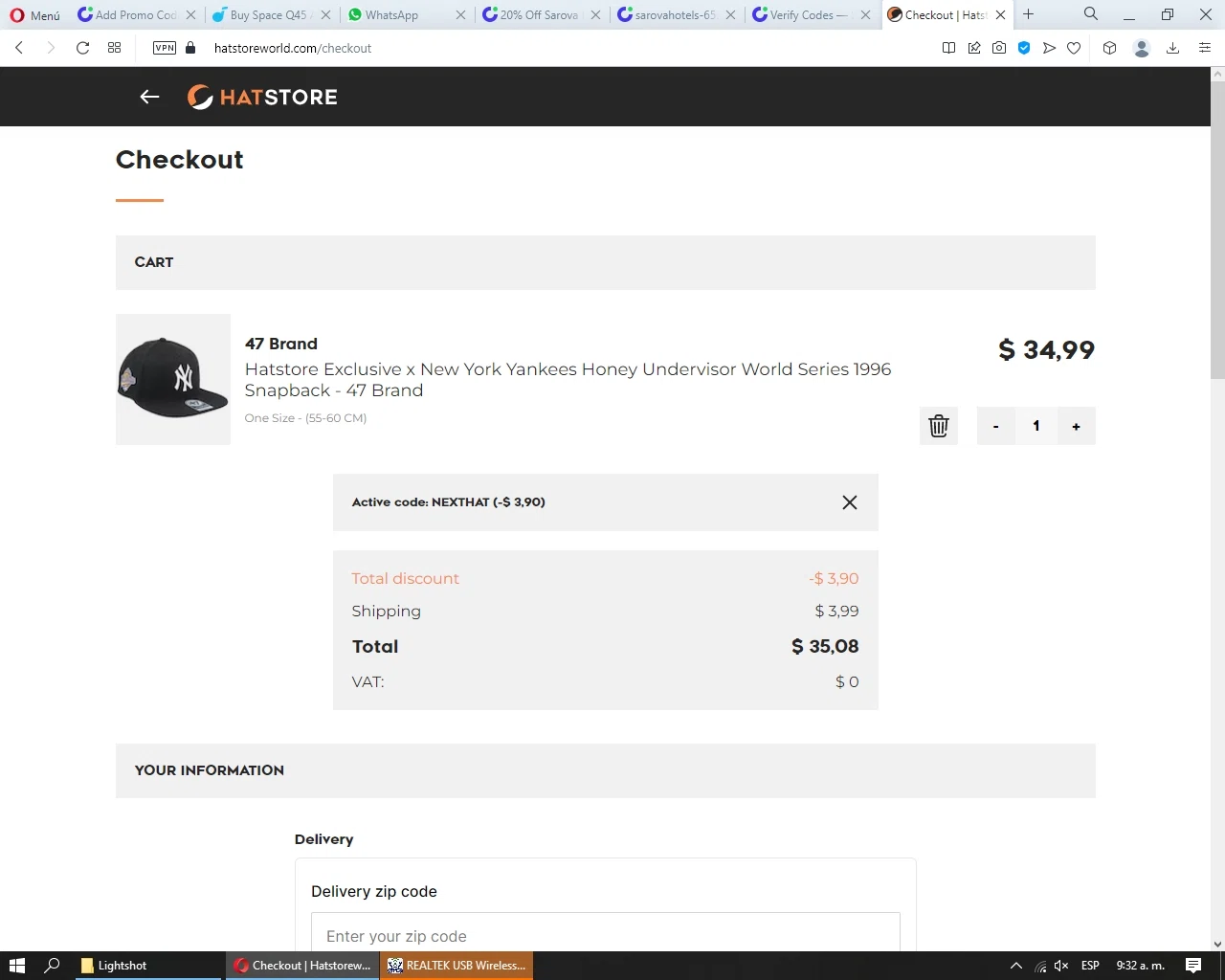 Hat Store World checkout page showing Hat Store World promo code box | Screenshot taken by SimplyCodes community member on Dec 7, 2022