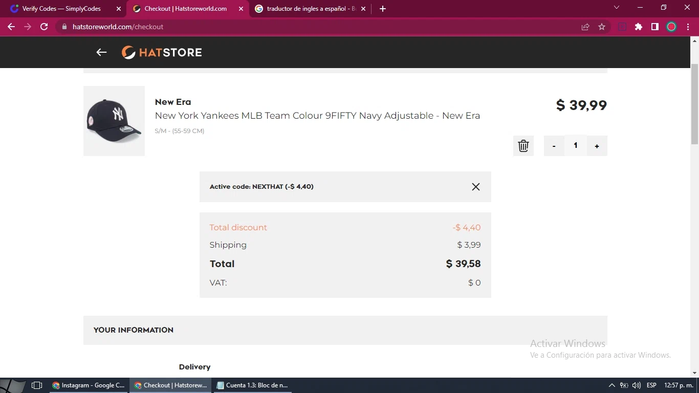 Hat Store World checkout page showing Hat Store World promo code box | Screenshot taken by SimplyCodes community member on Aug 12, 2022