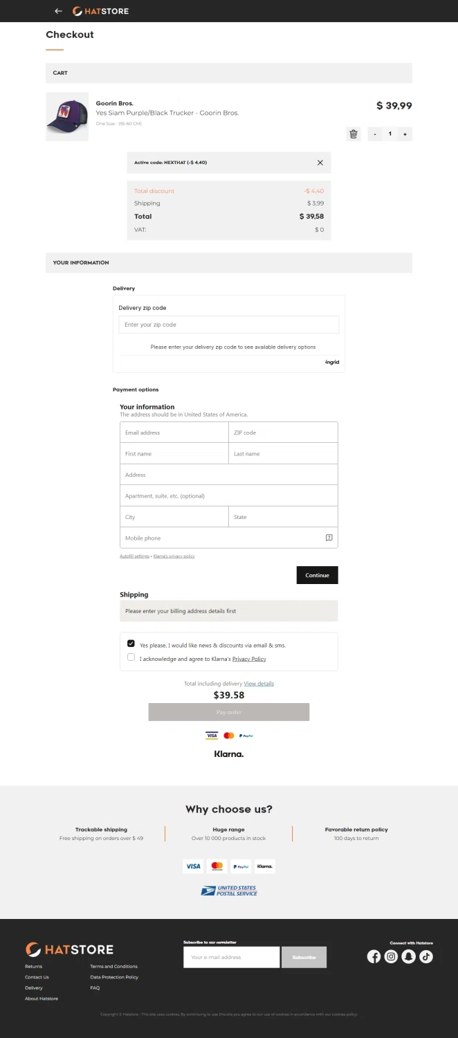 Hat Store World checkout page showing Hat Store World promo code box | Screenshot taken by SimplyCodes community member on Sep 10, 2022