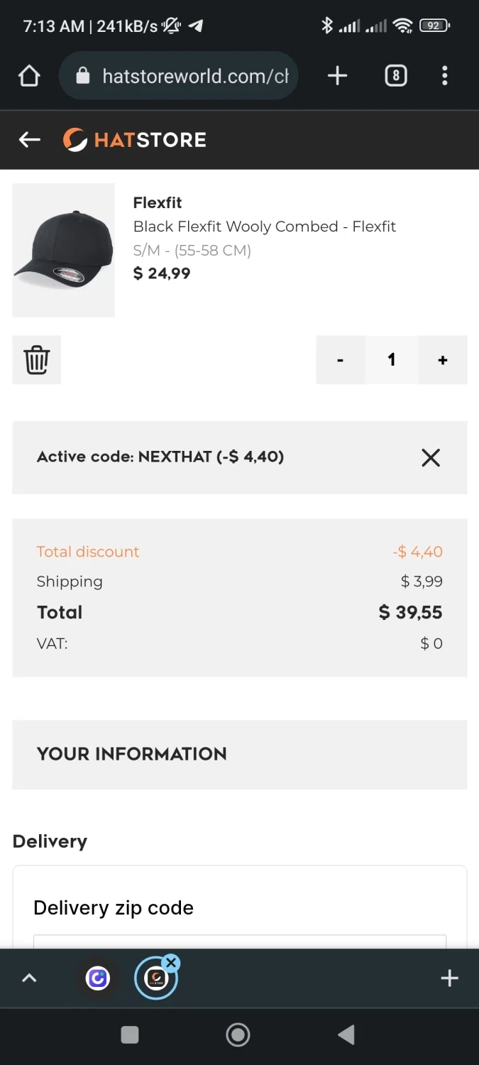 Hat Store World checkout page showing Hat Store World promo code box | Screenshot taken by SimplyCodes community member on Nov 8, 2022