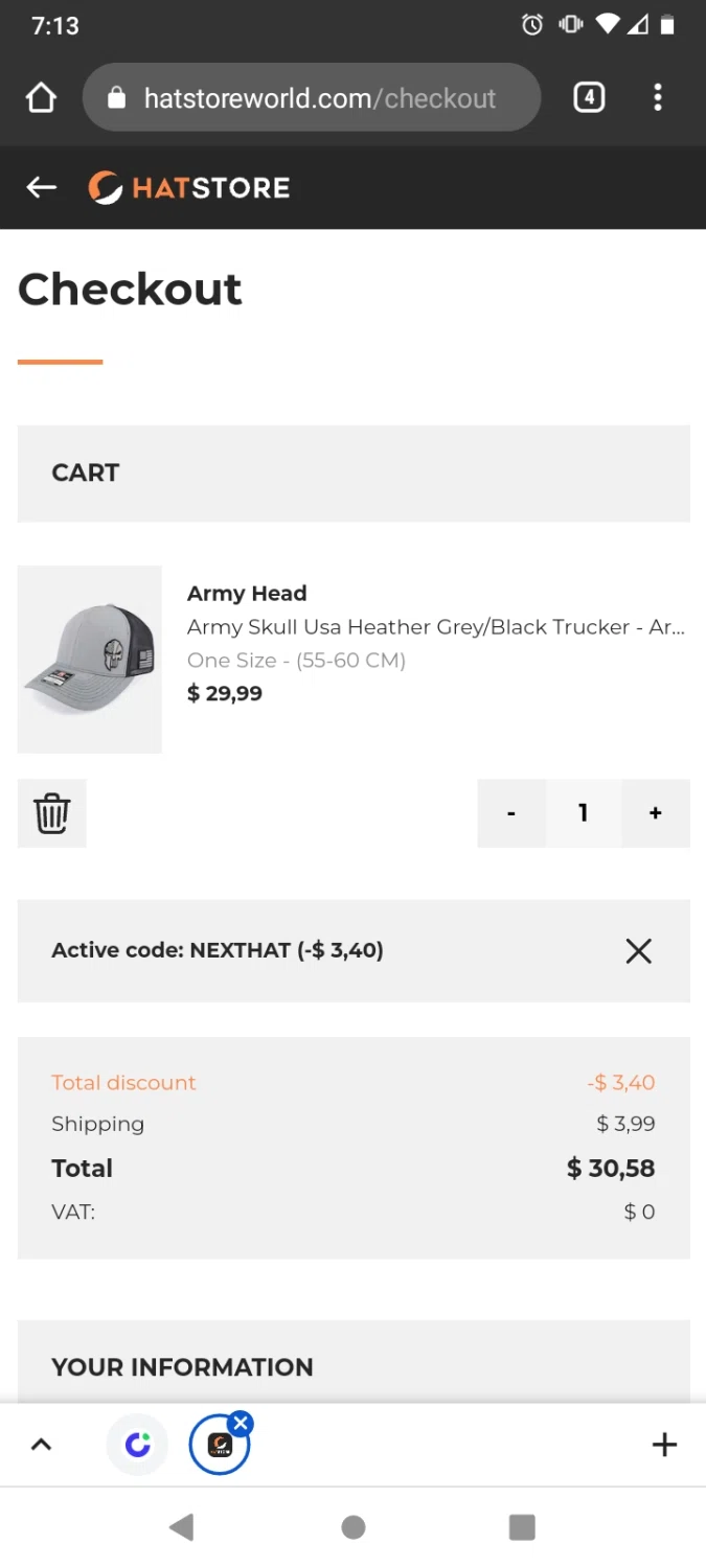 Hat Store World checkout page showing Hat Store World promo code box | Screenshot taken by SimplyCodes community member on Feb 3, 2023