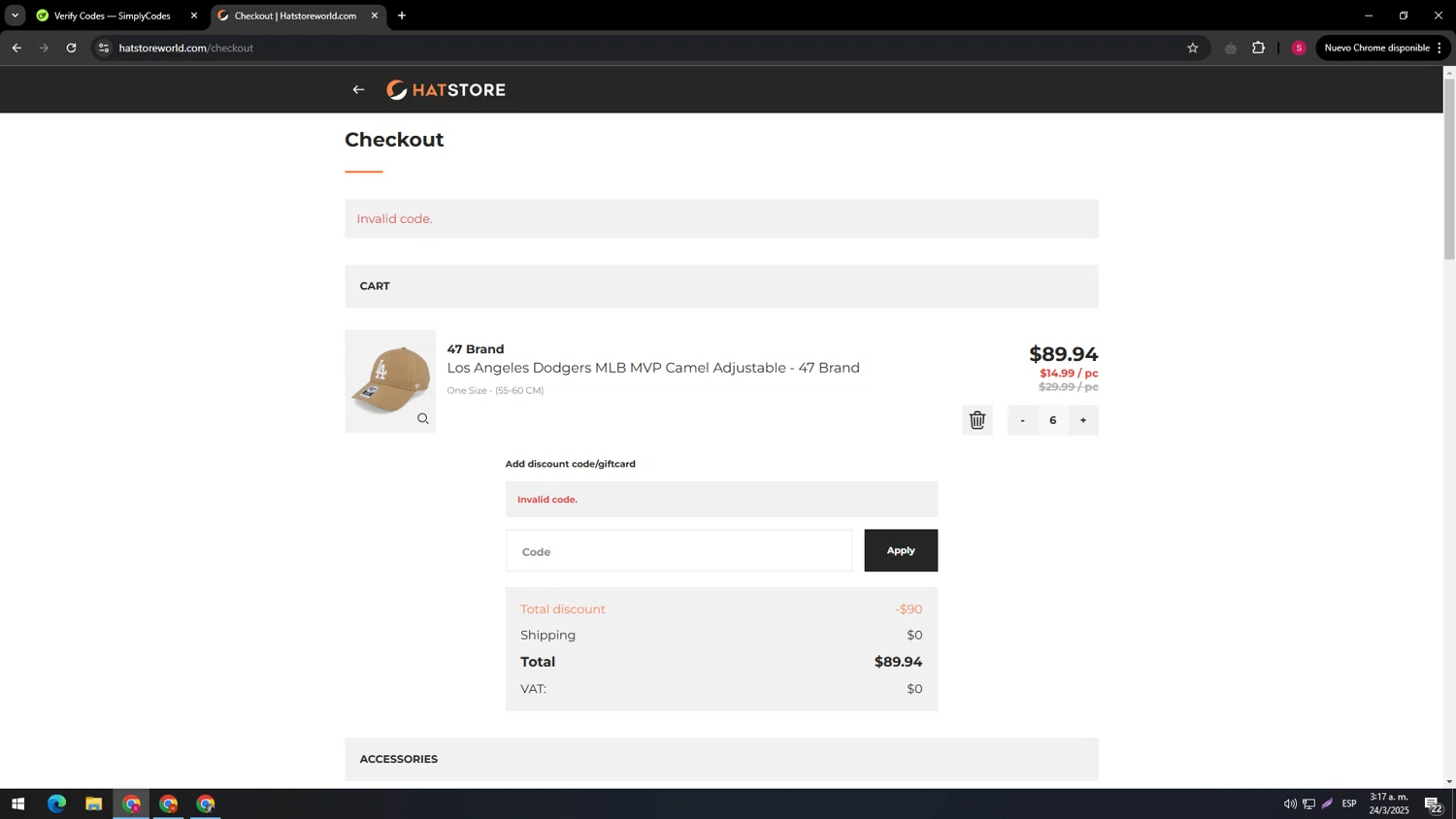 Hat Store World promo code screenshot showing code CMLOVE24 applied at Hat Store World checkout page. Uploaded by SimplyCodes community member usenameeeee on Mar 24, 2025