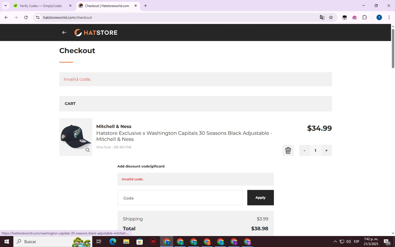 Hat Store World promo code screenshot showing code VDAY2025 applied at Hat Store World checkout page. Uploaded by SimplyCodes community member WonderVirtuoso7677 on Mar 21, 2025