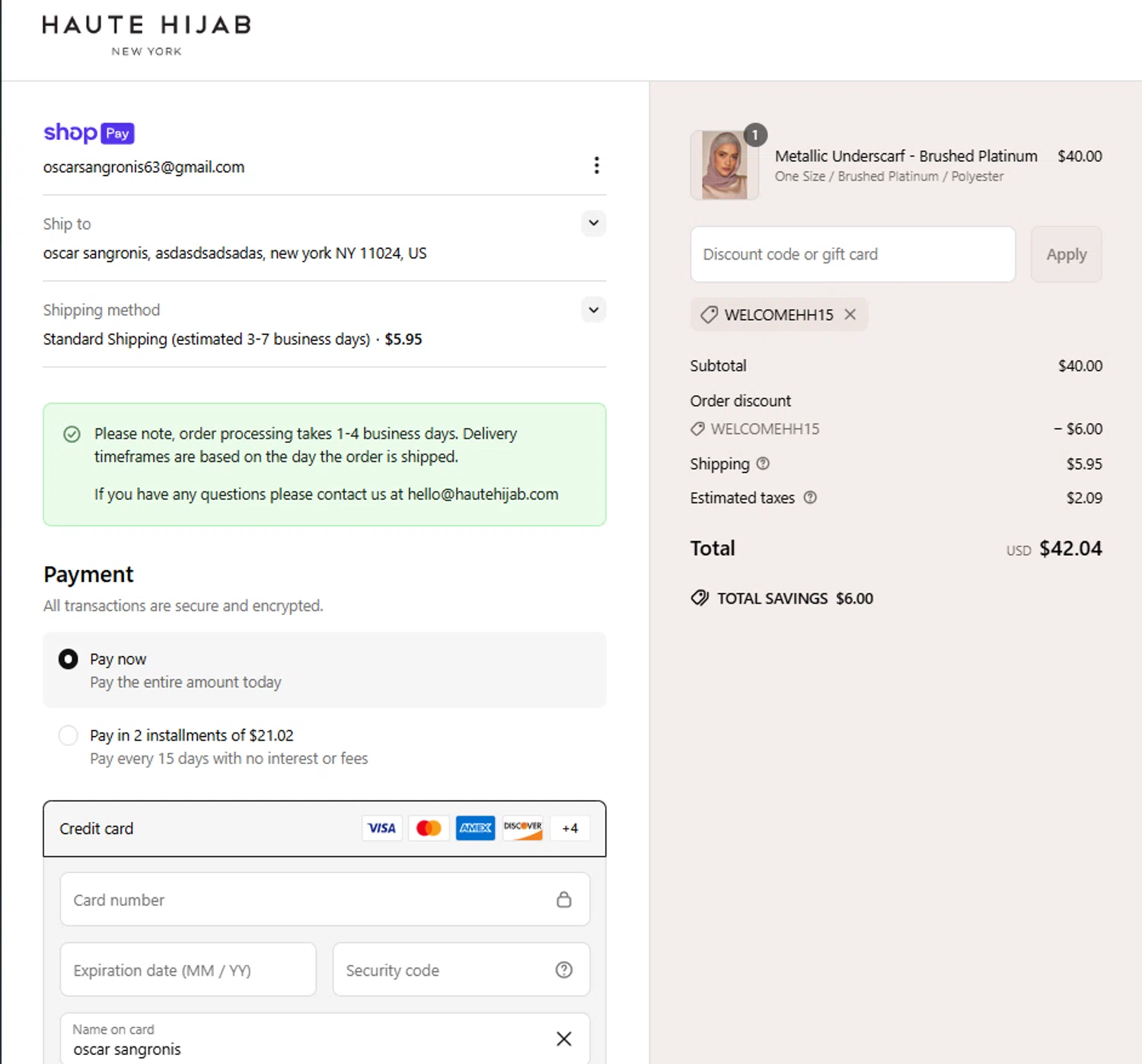 Haute Hijab discount code screenshot showing code WELCOMEHH15 applied at Haute Hijab checkout page. Uploaded by SimplyCodes community member La_Cara_Mia on Apr 16, 2025