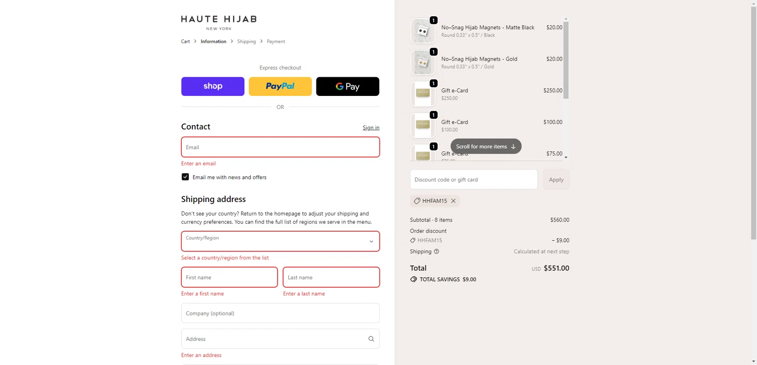 Haute Hijab discount code screenshot showing code HHFam15 applied at Haute Hijab checkout page. Uploaded by SimplyCodes community member EpicEagle816 on Nov 6, 2025