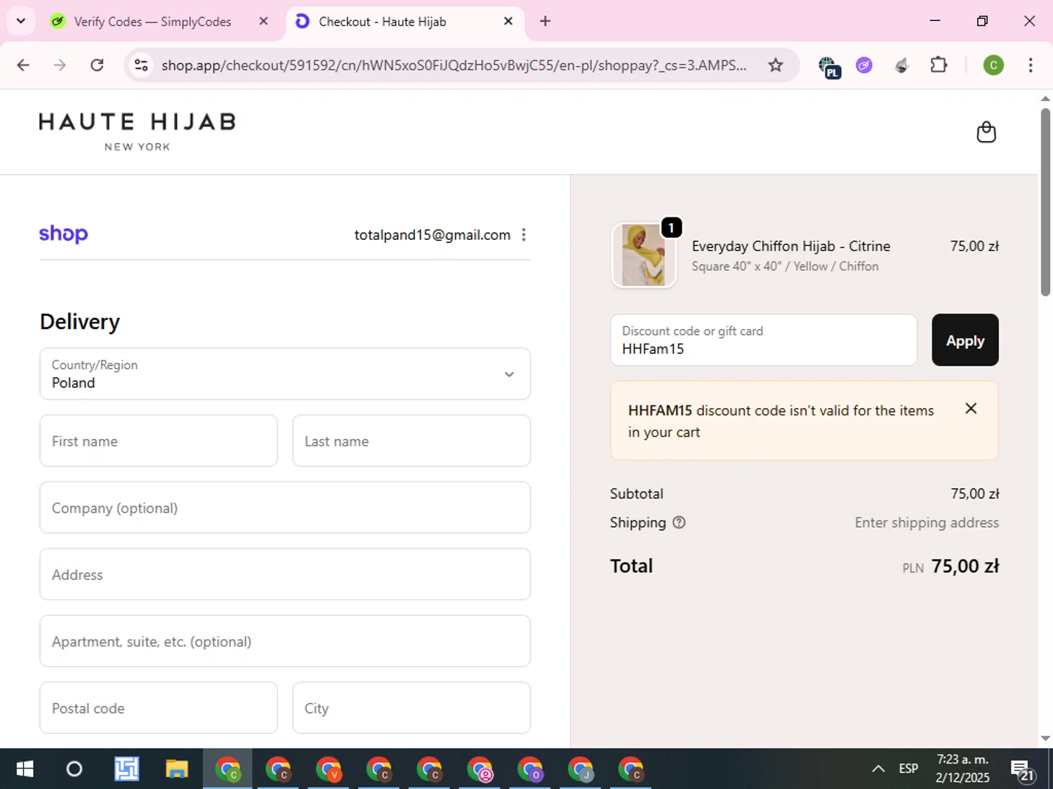 Haute Hijab discount code screenshot showing code HHFam15 applied at Haute Hijab checkout page. Uploaded by SimplyCodes community member RoyalKnight4673 on Dec 2, 2025