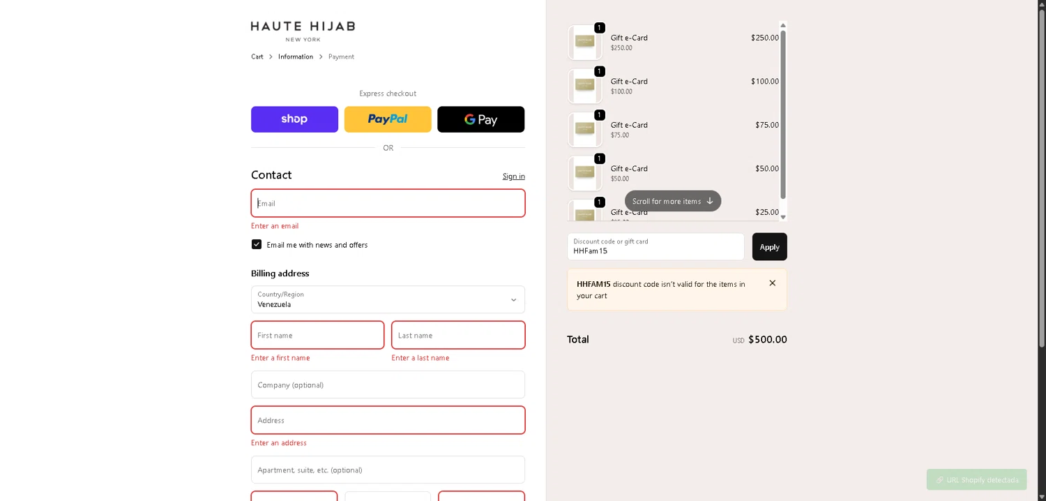 Haute Hijab discount code screenshot showing code HHFam15 applied at Haute Hijab checkout page. Uploaded by SimplyCodes community member SwiftLynx7415 on Dec 7, 2025