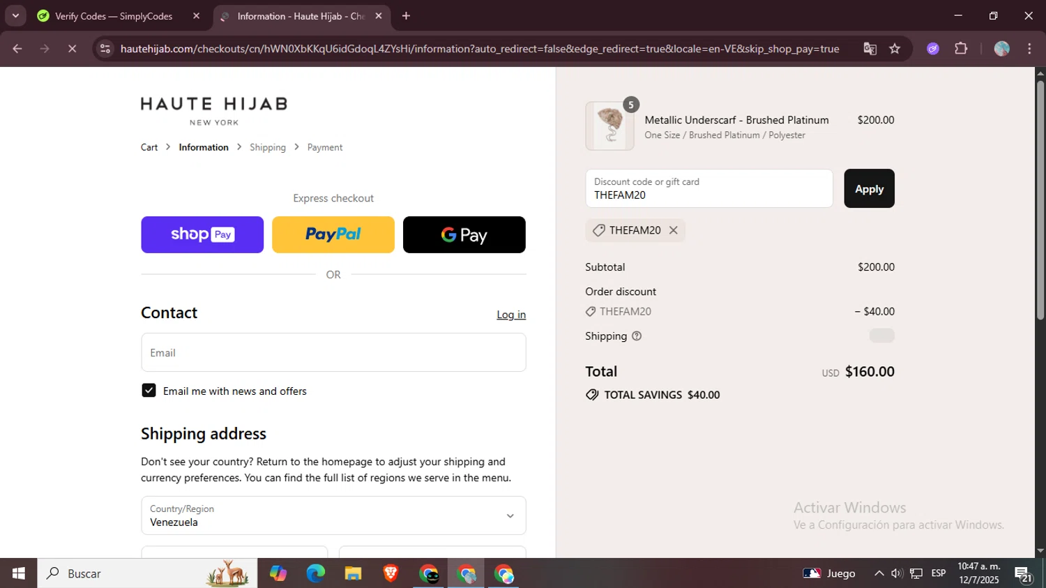 Haute Hijab discount code screenshot showing code THEFAM20 applied at Haute Hijab checkout page. Uploaded by SimplyCodes community member LegendaryPro7106 on Jul 12, 2025