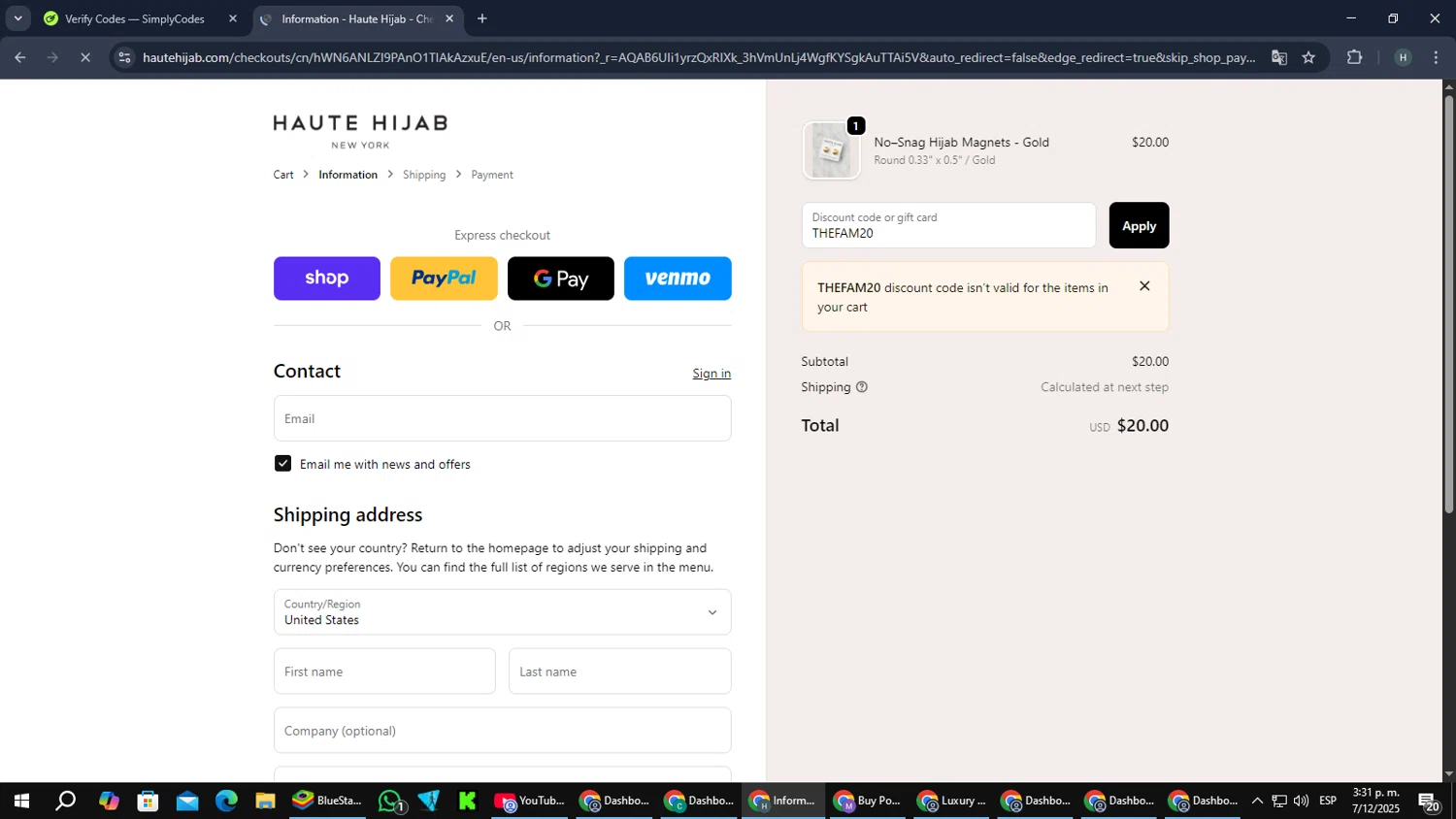 Haute Hijab discount code screenshot showing code THEFAM20 applied at Haute Hijab checkout page. Uploaded by SimplyCodes community member PromoScout8746 on Dec 7, 2025