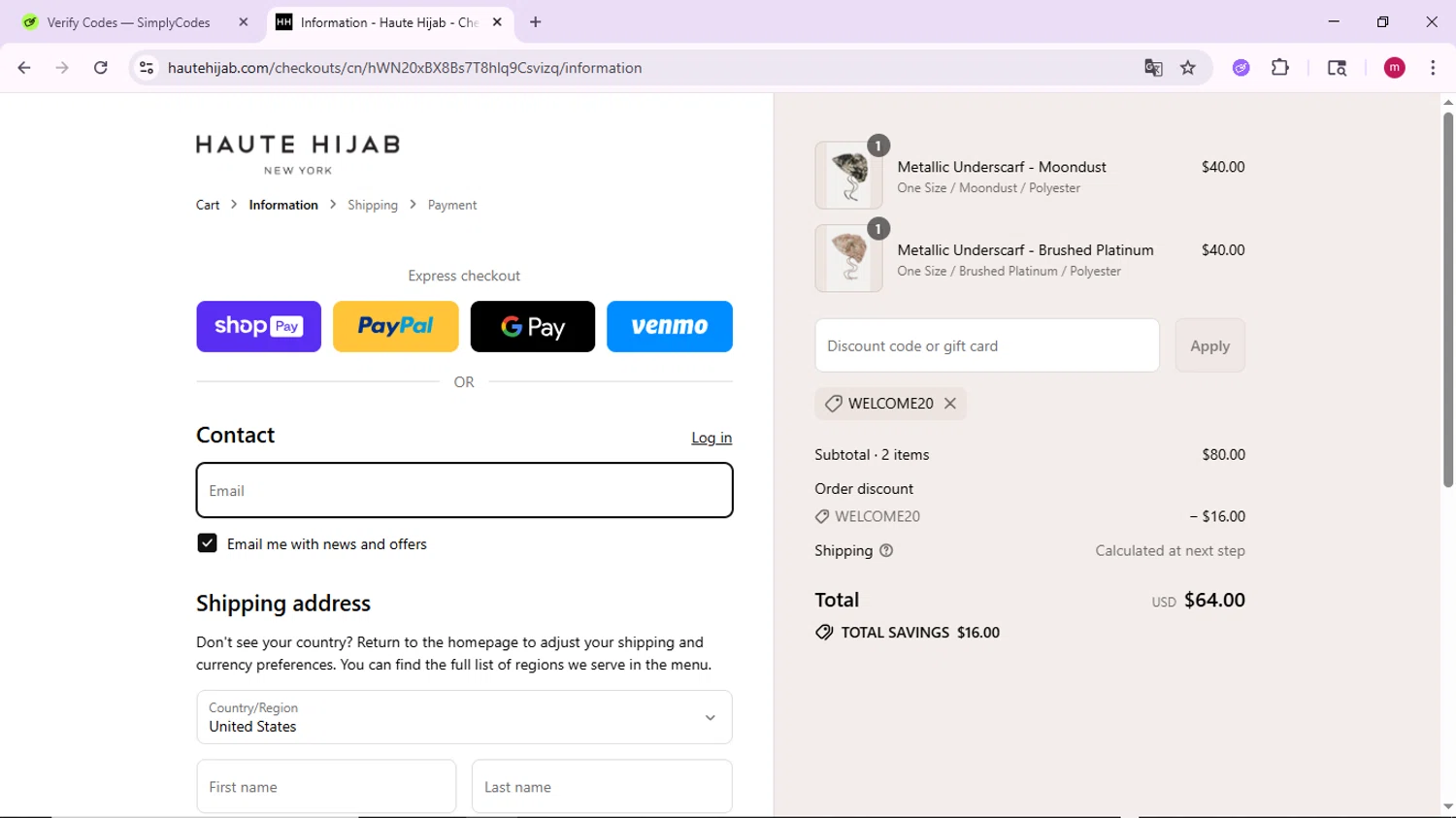 Haute Hijab discount code screenshot showing code WELCOME20 applied at Haute Hijab checkout page. Uploaded by SimplyCodes community member PrimeSage7080 on Aug 20, 2025