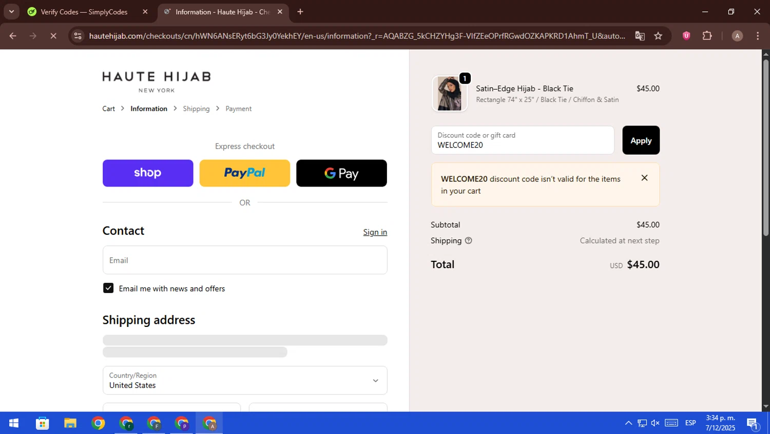 Haute Hijab discount code screenshot showing code WELCOME20 applied at Haute Hijab checkout page. Uploaded by SimplyCodes community member ScanFalcon6148 on Dec 7, 2025