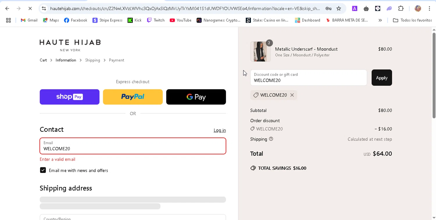 Haute Hijab discount code screenshot showing code WELCOME20 applied at Haute Hijab checkout page. Uploaded by SimplyCodes community member ronaldhernandez on Apr 30, 2025