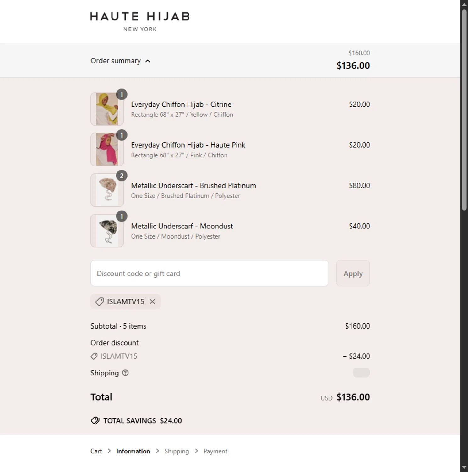 Haute Hijab discount code screenshot showing code IslamTV15 applied at Haute Hijab checkout page. Uploaded by SimplyCodes community member Alejandra10 on Jun 29, 2025