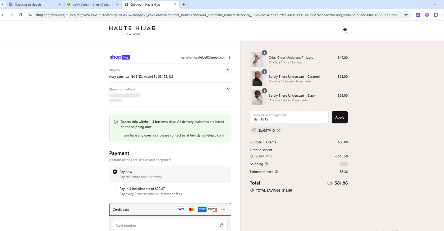 Haute Hijab discount code screenshot showing code IslamTV15 applied at Haute Hijab checkout page. Uploaded by SimplyCodes community member MightyMaven4946 on Aug 7, 2025