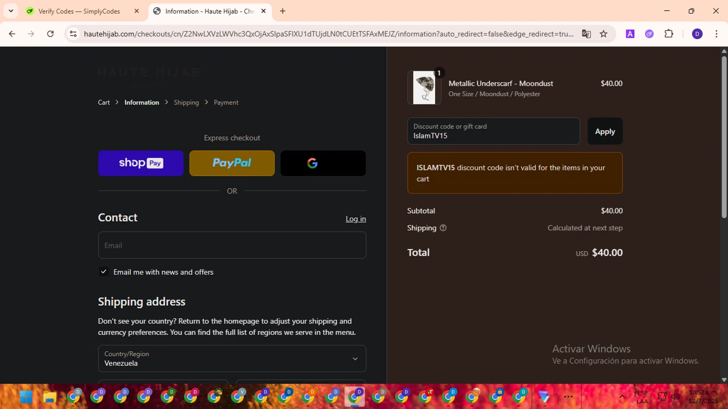 Haute Hijab discount code screenshot showing code IslamTV15 applied at Haute Hijab checkout page. Uploaded by SimplyCodes community member PromoLion4240 on Jul 12, 2025