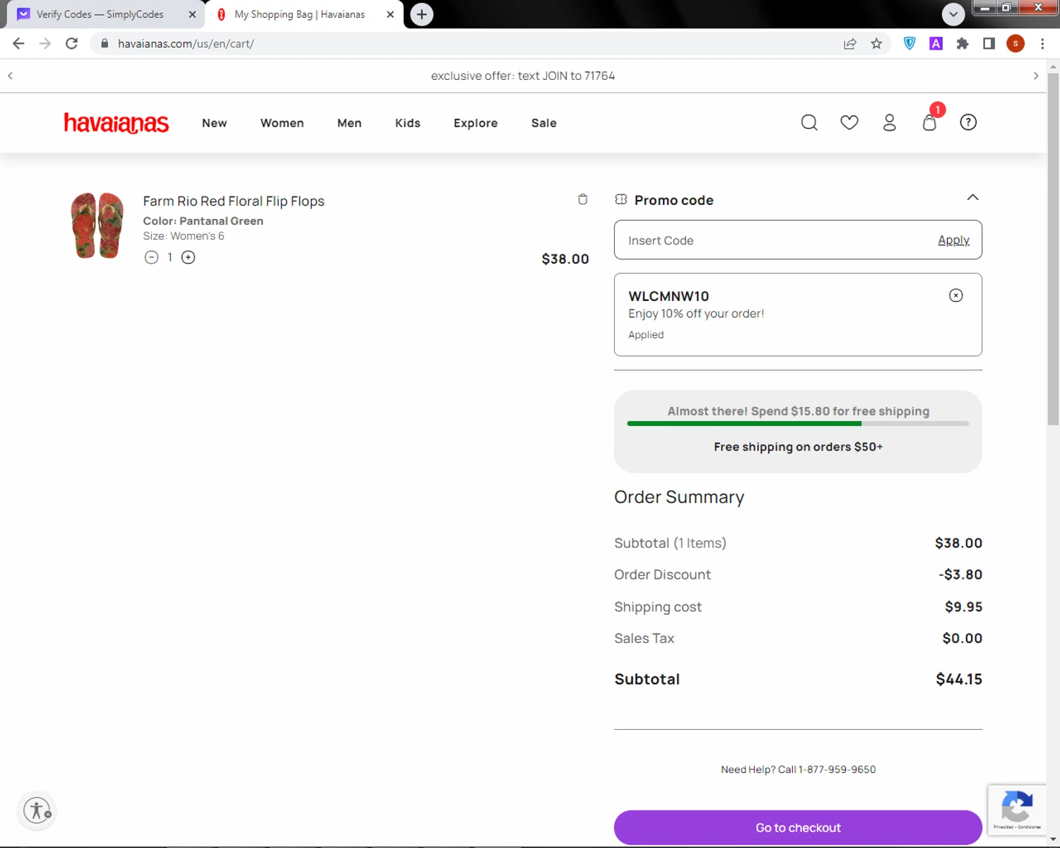 Havaianas checkout page showing Havaianas promo code box | Screenshot taken by SimplyCodes community member on Mar 21, 2024