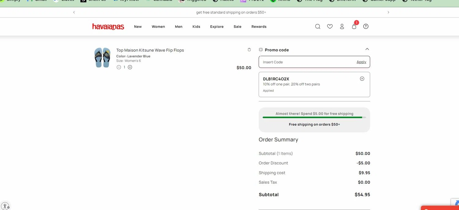 Havaianas checkout page showing Havaianas promo code box | Screenshot taken by SimplyCodes community member on Apr 22, 2024