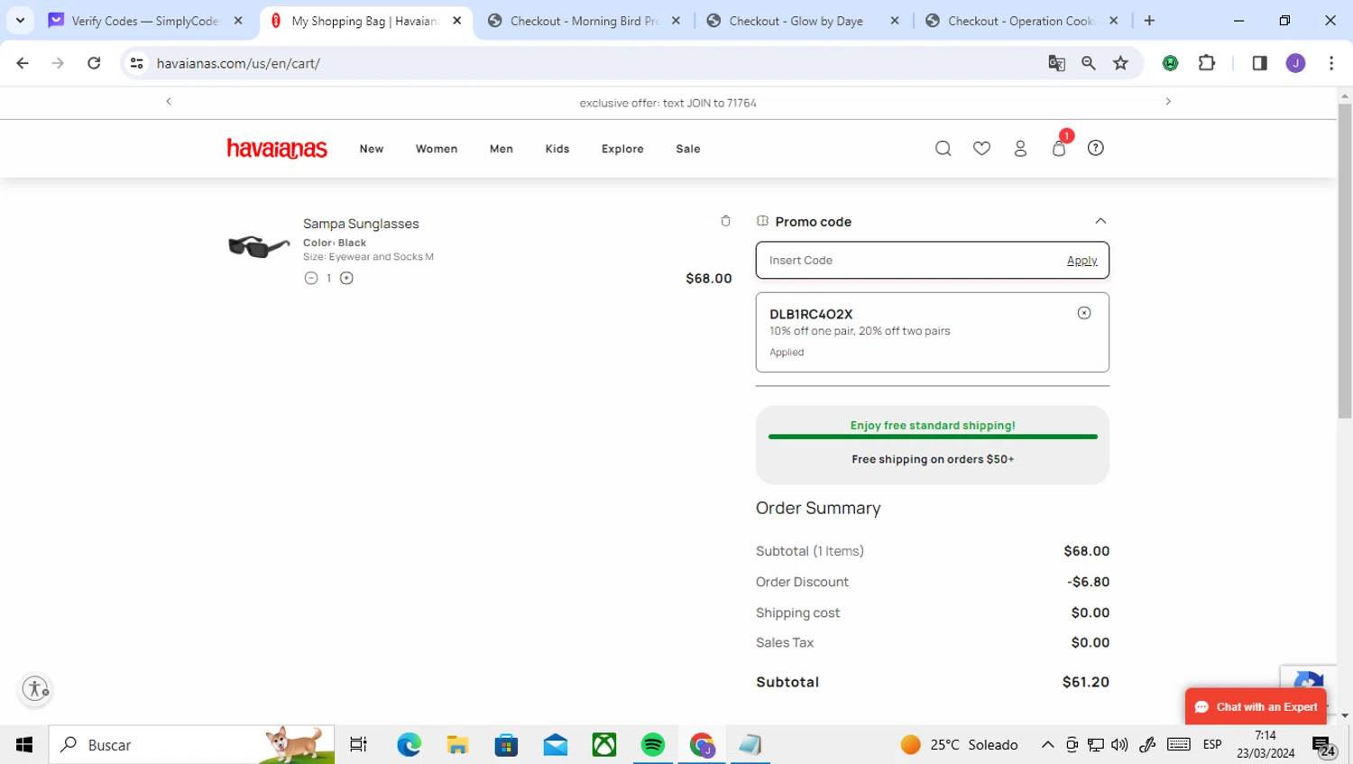 Havaianas checkout page showing Havaianas promo code box | Screenshot taken by SimplyCodes community member on Mar 23, 2024