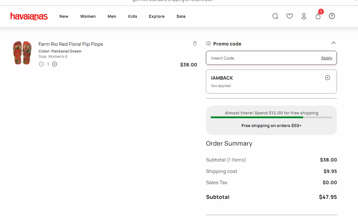 Havaianas checkout page showing Havaianas promo code box | Screenshot taken by SimplyCodes community member on Mar 23, 2024