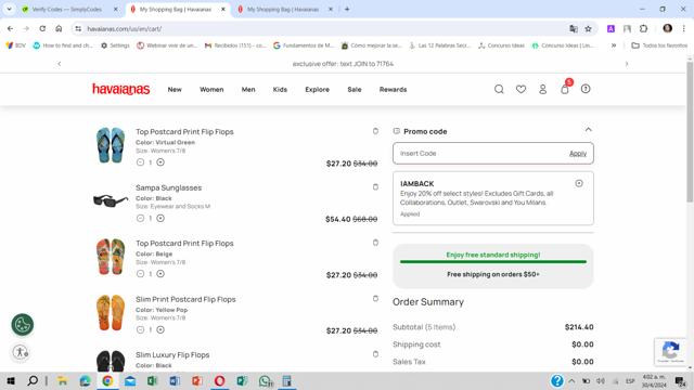 Havaianas checkout page showing Havaianas promo code box | Screenshot taken by SimplyCodes community member on Apr 30, 2024